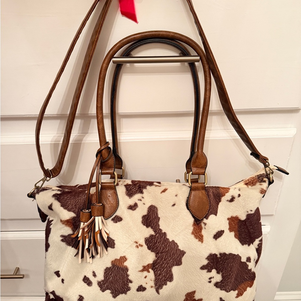 Brown and White Cowhide Patterned Women's Bag